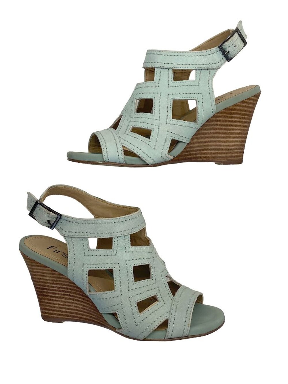 First sage green laser cut wedge sandals